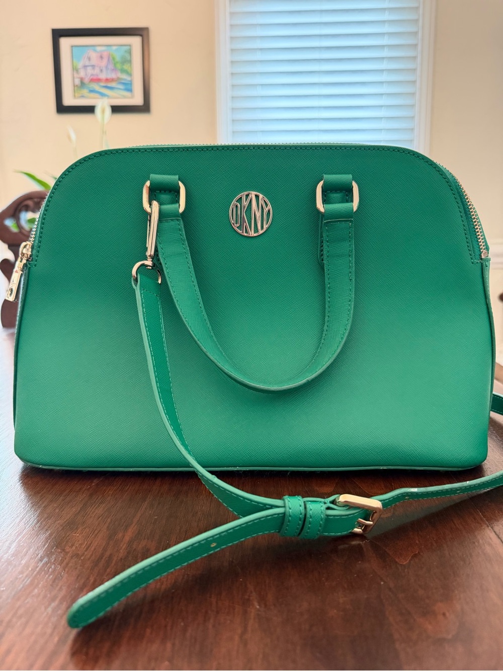 DKNY Leather Emerald Green Dome Satchel with Gold Hardware